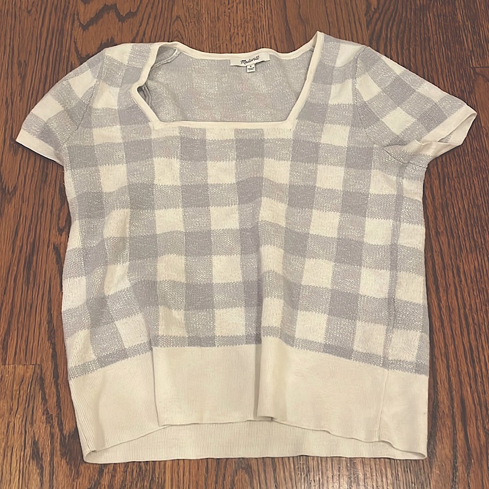 Madewell blue gingham shirt sleeve sweater